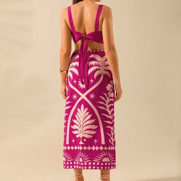 Hot Pink Boho Women's Coconut Print Cropped Cami Top And Fitted Maxi Skirt Set - Picture 2 of 7